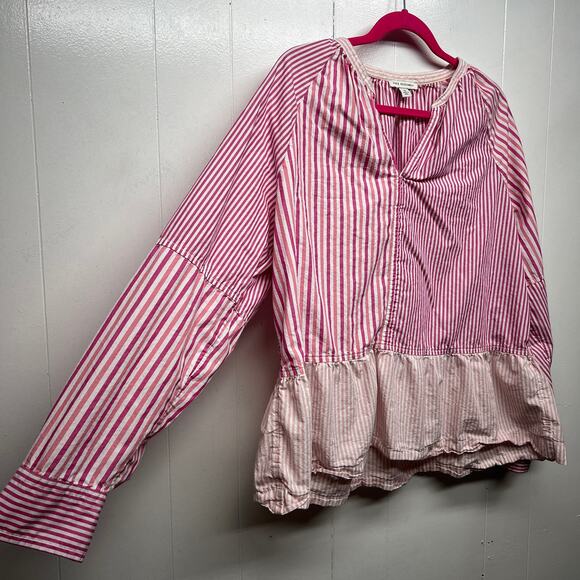 Free Assembly Striped Long Sleeve Ruffle Hem Womens Cotton Top Size XL Pullover - Picture 5 of 12